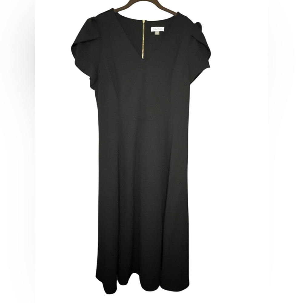 Calvin Klein Black Crew Neck Short Tulip Sleeve Solid Sheath Stretch Dress 14